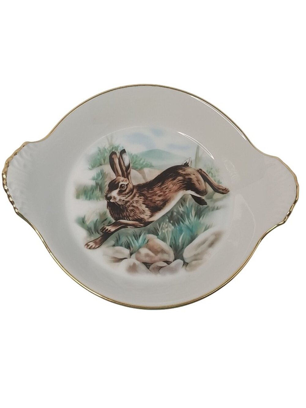 Apilco France Porcelain Decorative Trinket Dish Rabbit Hare Gold Trim